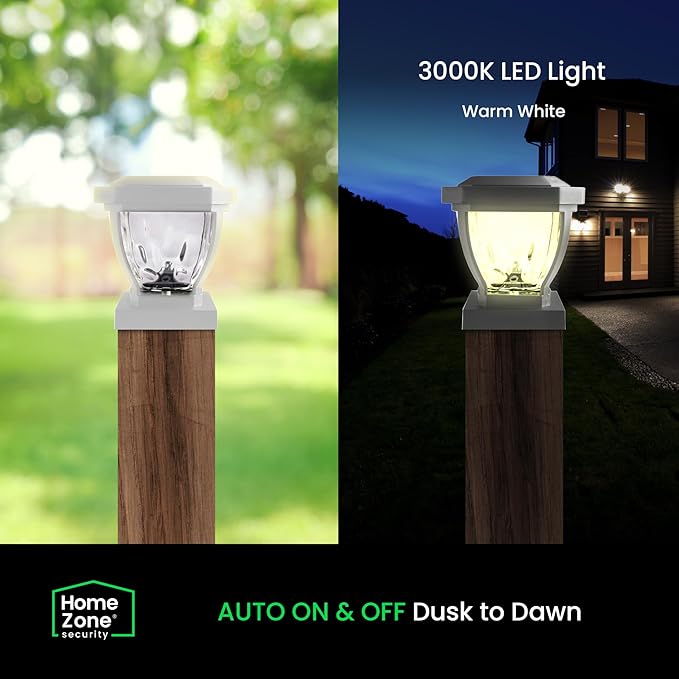 Home Zone Security Solar Post Cap Lights - Decorative Glass LED Outdoor 4x4 (3.5 x 3.5 in.) Post Lights, White (2-Pack)