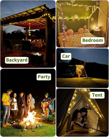 Camping String Lights, 32.8FT Warm & RGB Fairy String Lights 130LEDs, 4 In 1 Portable Waterproof Camping Light with 12 Modes, Hanging Tent Lanterns for Outdoor Hiking Yard Home Bedroom Decorations