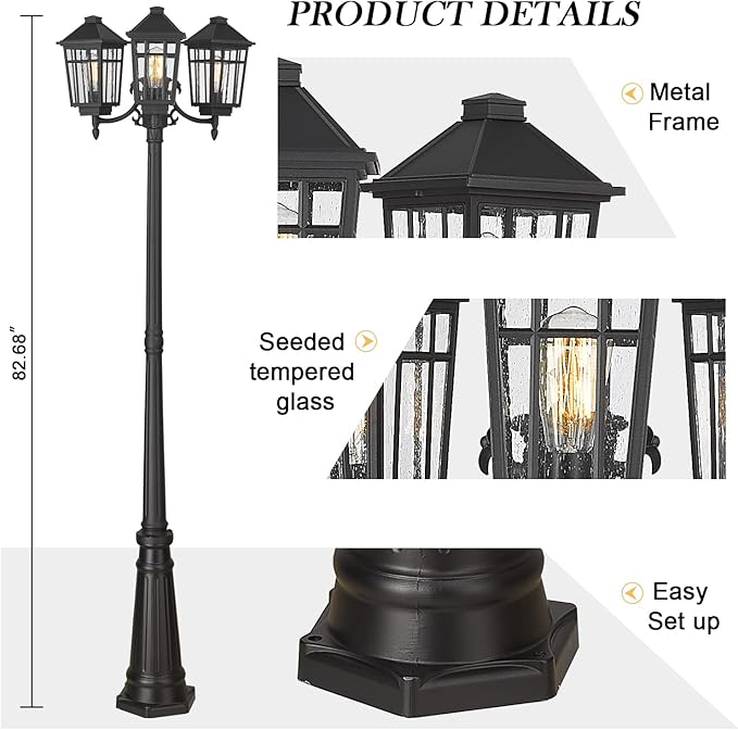 Darkaway Outdoor Post Light,3-Head Outdoor Street Light Pole Lamp Posts Road Lighting Waterproof Aluminum with Glass Outside Lighting Fixture for Backyard Garden Patio Pathway