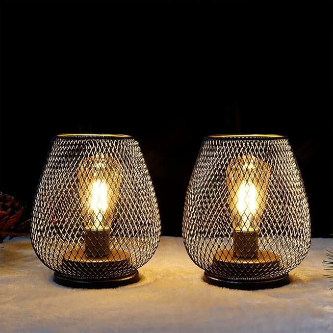 TRIROCKS Set of 2 Medium Battery Powered Outdoor Lantern 6.5'' High Metal Table Lamp Cordless Battery Operated Lamps with LED Edison Bulb for Home Wedding Parties Patio Events Indoors Outdoors(Brown)