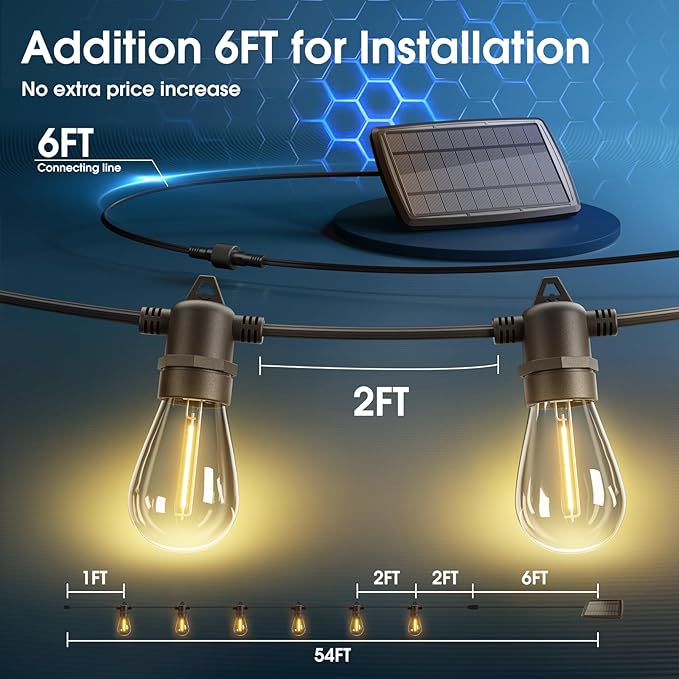 KYY 54(48+6) FT Solar String Lights Outdoor with USB Port Remote, Waterproof and Shatterproof Patio with Solar Powered Panel, LED Vintage Edison Bulbs, Heavy-Duty and UL Listed Market Lights
