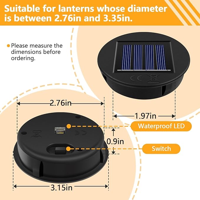 HELESIN Replacement Solar Light Parts, 4 Pack Solar Lights Replacement Top, 8 lumens, Waterproof Battery Box Top DIY Lantern Outdoor Garden Patio Decor（Warm Yellow, 3.15in）