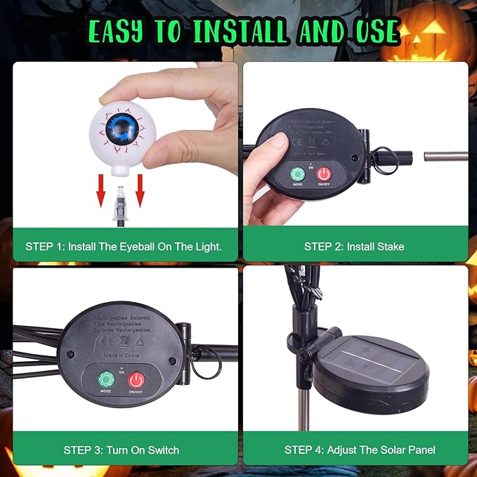 Solar Halloween Decorations Pathway Lights, 2 Packs 16 LED Green Halloween Eyeballs Waterproof Light, Swaying Scary Eye Firefly Outdoor Solar Lights for Yard Garden Lawn Path