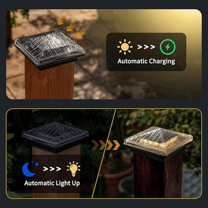 Glass Solar Post Cap Lights with Timber Style - Decorative Deck Fence Lights for 4x4 5x5 Posts Hidden Solar Panel, Modular Design, 10Hr Runtime, IP65, Warm White, Black, 4 Pack