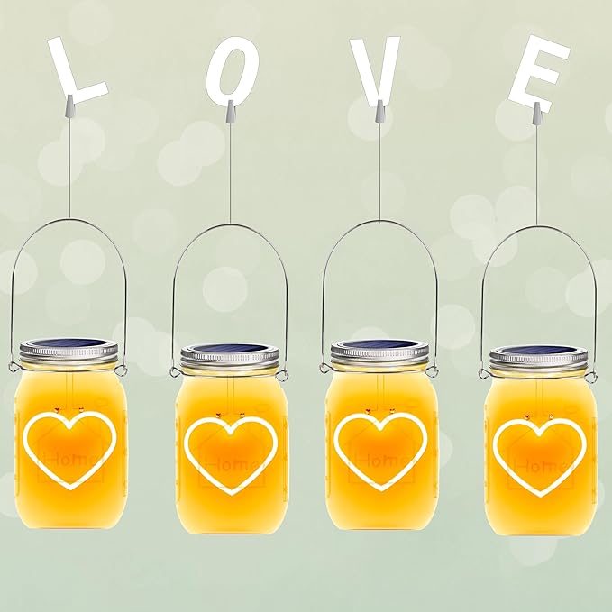 Halloween Christmas Projector Lights, Hanging Solar Mason Jar Lights, 4 Pack Heart Shape Lights, Solar Lanterns Outdoor Waterproof, Hangers and Jars Included,Home Patio Party Garden Patio Decor