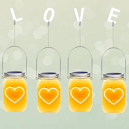 Halloween Christmas Projector Lights, Hanging Solar Mason Jar Lights, 4 Pack Heart Shape Lights, Solar Lanterns Outdoor Waterproof, Hangers and Jars Included,Home Patio Party Garden Patio Decor