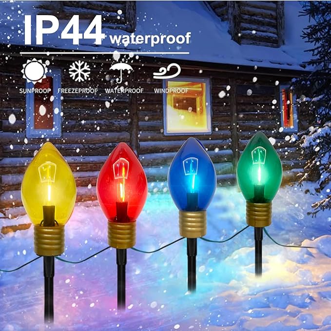 Jumbo C9 Christmas Pathway Lights Outdoor, 2 Pack 7Ft Christmas Decorations String Lights with 8 LED Jumbo Multicolor Bulb Marker Stakes Lights for Outdoor Walkway Lawn Yard Garden