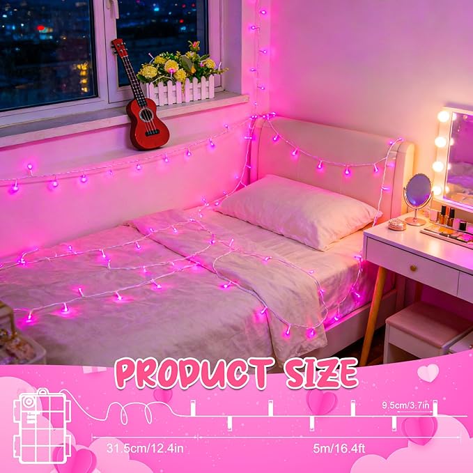 Pink String Lights Batterry Operated Outdoor Waterproof 16.4ft 50 LED, Pink Fairy Lights with Timer White Wire for Indoor & Outdoor Valentine's Day Decorations Garland Party Garden Girls Room