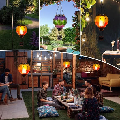 Hot Air Balloon Solar Lantern with Flickering Flame, Glass Outdoor Lantern Waterproof Hanging Lamp Decor for Patio, Porch, Garden(Green & Purple)