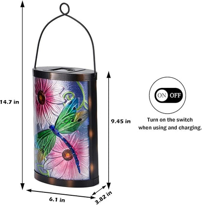 Afirst Solar Lantern Outdoor Hanging Glass Solar Dragonfly Lights Waterproof Led Lamp for Garden Yard Tree Desk Decor