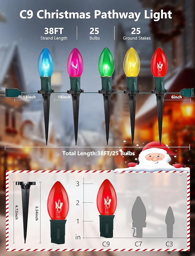 C9 Multicolor Christmas Pathway Lights,38FT 25 Pcs Multicolored Extendable Waterproof Christmas Walkway Lights with Multicolor Bulbs and Stakes for Outdoor Lawn Garden Sidewalk Xmas Decorations