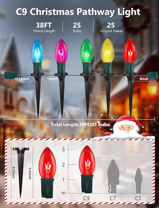 C9 Multicolor Christmas Pathway Lights,38FT 25 Pcs Multicolored Extendable Waterproof Christmas Walkway Lights with Multicolor Bulbs and Stakes for Outdoor Lawn Garden Sidewalk Xmas Decorations