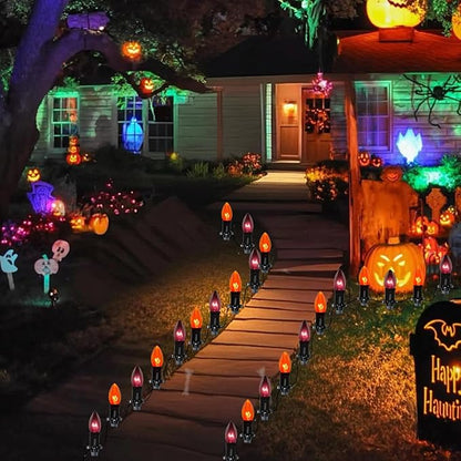 C9 Halloween Pathway Lights Outdoor, 19.5Ft Halloween Decorations Pathway String Lights with 10 C9 Orange and Black Stakes Lights for Walkway Yard Lawn Garden Sidewalk