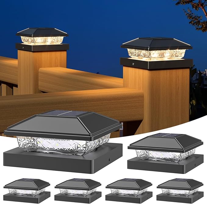 NIORSUN Solar Post Lights Outdoor, Fence Post Solar Lights Warm White, Waterproof, Garden Patio Fence Deck Decor, 4x4 Posts Cap Wood Vinyl, Black 6 Pack