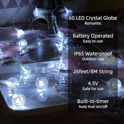Metaku Outdoor String Lights Battery Operated 26ft 60LED Fairy Lights with Remote Waterproof Indoor Outdoor Hanging Globe Decorative for Patio Gazebo Bistro Garden Balcony
