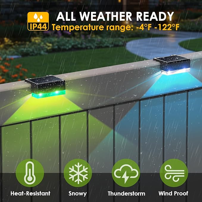 8PK Solar Fence Lights Outdoor - Warm White & RGB 6 Color, Dusk to Dawn Deck Light, IP65 Waterproof Garden Lights for Outside/Backyard/Railing/Step/Patio/Wall