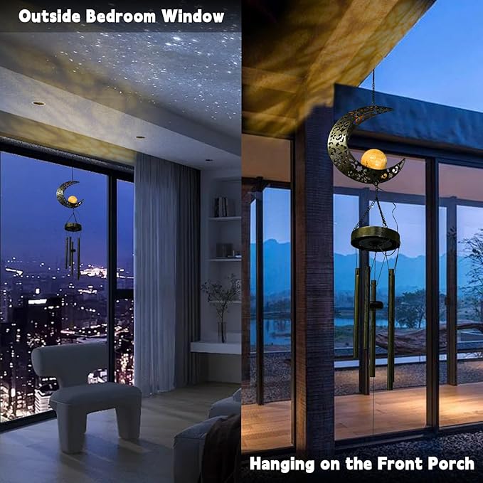 Ferrisland Solar Wind Chimes for Outside Clearance, Moon Windchimes Outdoors for Porch Patio with Crackle Glass Ball LED Light, Waterproof Metal Outdoor Hanging Decor for Women Wife Mom Grandma