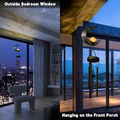 Ferrisland Solar Wind Chimes for Outside Clearance, Moon Windchimes Outdoors for Porch Patio with Crackle Glass Ball LED Light, Waterproof Metal Outdoor Hanging Decor for Women Wife Mom Grandma
