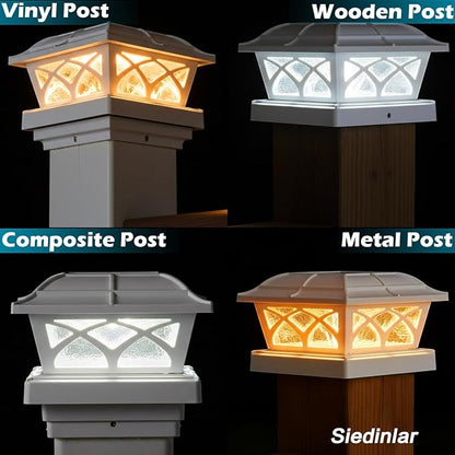 SIEDiNLAR Solar Post Cap Lights Outdoor Glass 2 Color Modes 8 LEDs for 4x4 5x5 6x6 Posts Fence Deck Patio Decoration Warm White & Cool White Lighting White (6 Pack)