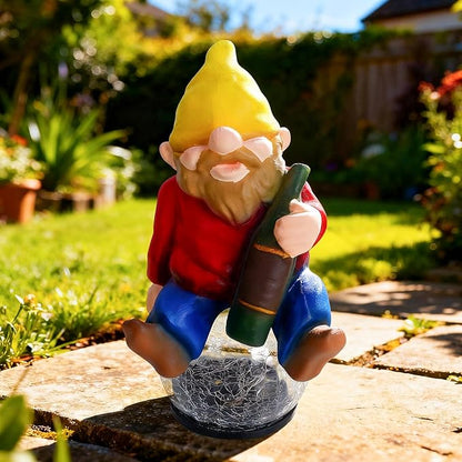 Drinking Gnome Solar Garden Statue - Funny Gnome Figurine with Colorful Crackle Ball LED Light - Perfect Novelty Patio Yard Decor and Gag Gifts - Funny Birthday Gifts for Grandma Mom Women