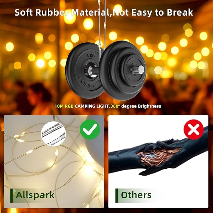 Allspark Camping String Lights Rechargeable, 4 in 1 Quick Storage 32.8FT Outdoor Lights with 8 Lighting Modes,Portable LED Fairy Lights for Decor Tent Garden Party Camping Essentials,with 10 Clips