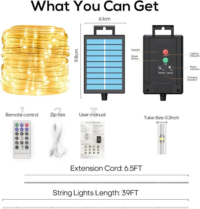 ICRGB Solar Rope Lights Outdoor, 39FT 100 LED Solar Rope Lights,IP67 Waterproof, 8 Modes, Outdoor Patio Porch Tree Wedding Christmas Pool Garden Decorative -Warm White