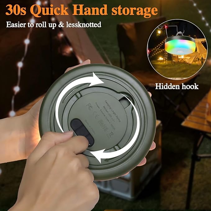 Camping String Lights, 4000mAh Rechargeable Tent Lights with 13 Lighting Modes, 32.8ft Retractable Waterproof Camp Light, Outdoor Portable Lights for Tent, Travel, Garden Decoration