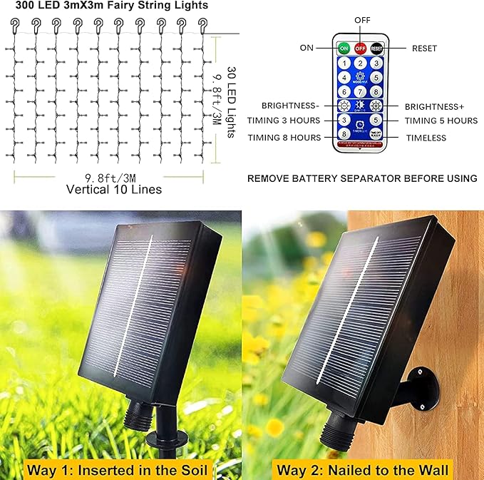 2 Pack Solar Curtain Lights Outdoor Garden Fairy String Lights 300 LED 8 Modes Remote Control Waterproof Solar Waterfall Lights for Gazebo Patio Party Festival Wedding Christmas Decorations(Warm)