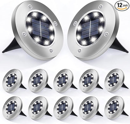 Aogist 12 Pack Solar Disk Lights - 8 LED In-Ground Outdoor Landscape Lights for Pathway, Yard, Walkway, Patio, Lawn Path (Cold White)