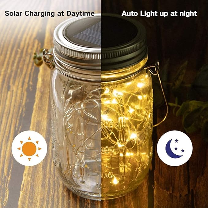 Outdoor Hanging Lanterns Solar Powered Mason Jar Lights with 30 LEDs Led String Lights for Wedding Garden Patio (Jars & Hangers Included) (2-Pack)