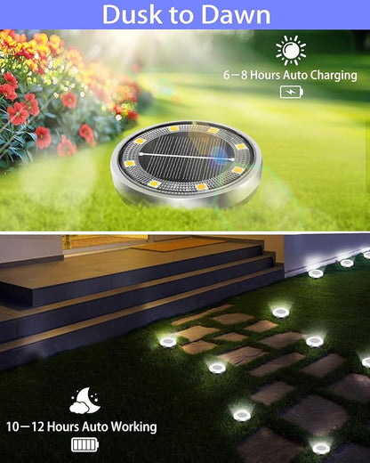 Solar Lights Outdoor Waterproof, 12 Pack 8 LED, Thickened Stainless Steel Ground Light, Solar Garden Lights Landscape Lighting for Patio Pathway Lawn Yard Deck Driveway Walkway, Cool White