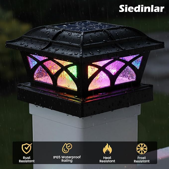 SIEDiNLAR Solar Post Cap Lights Outdoor Glass 2 Color Modes for 4x4 5x5 6x6 Wooden Vinyl Posts Fence Deck Patio Decoration RGB Color Changing/Warm White Lighting Black (4 Pack)