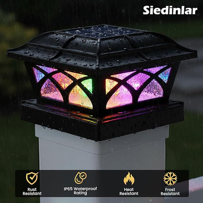 SIEDiNLAR Solar Post Cap Lights Outdoor Glass 2 Color Modes for 4x4 5x5 6x6 Wooden Vinyl Posts Fence Deck Patio Decoration RGB Color Changing/Warm White Lighting Black (4 Pack)