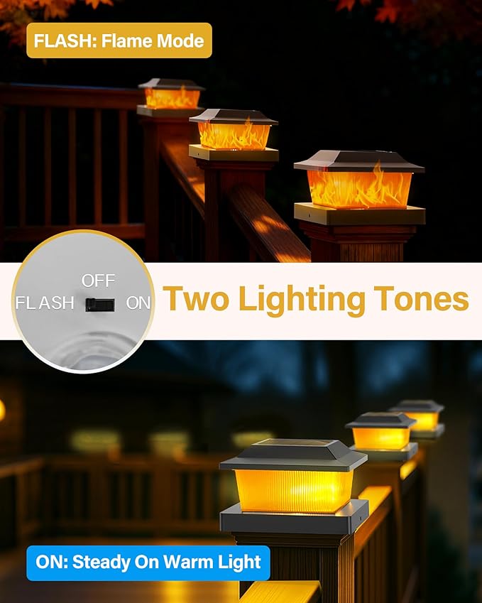 Solar Post Cap Lights Outdoor for 3.5x3.5 4x4 5x5 Wood/Vinyl Posts, 18 Pack Fence Post Solar Lights with Flickering Flame & Warm Modes for Deck/Garden/Patio, IP65 Waterproof - Black