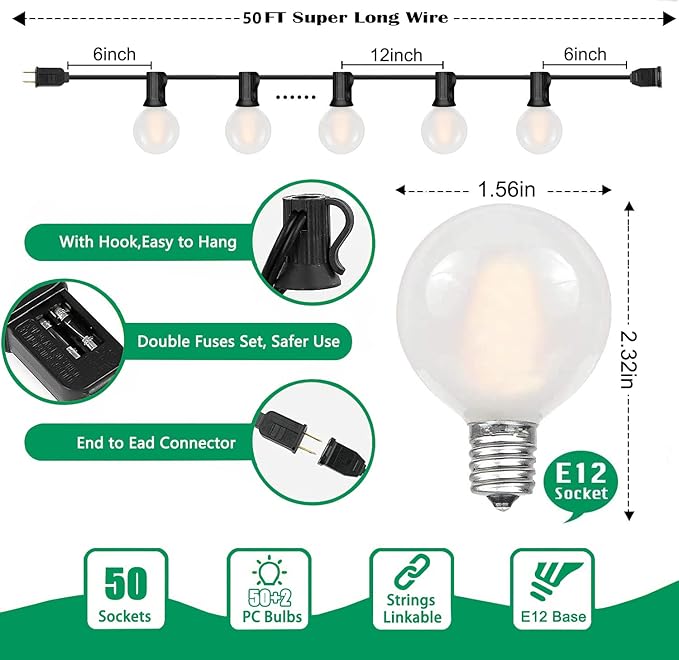 GOOTHY 50Ft LED Outdoor Patio String Lights - Waterproof Globe Lights with 52 Shatterproof Frosted Bulbs, Connectable for Wedding, Party, Christmas & Garden Decor, Black Wire