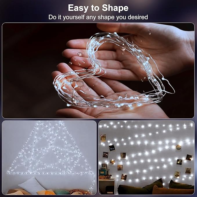 echosari 2 Pack Fairy Lights Battery Operated 100 LED 33Ft Silver Wire Christmas Lights Auto Timer 8 Modes Waterproof Mini String Lights for Indoor, Garden, Yard, Fence, Wedding Decor (Cool White)