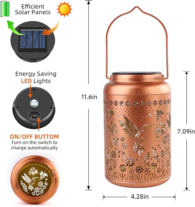 2Pack Hummingbird Solar Lanterns Outdoor Waterproof Lantern Garden Decor Gifts for Women Mom Grandma Hanging Solar Lights Metal Decoration Christmas Outside for Yard, Patio,Porch, Tabletop, Pathway