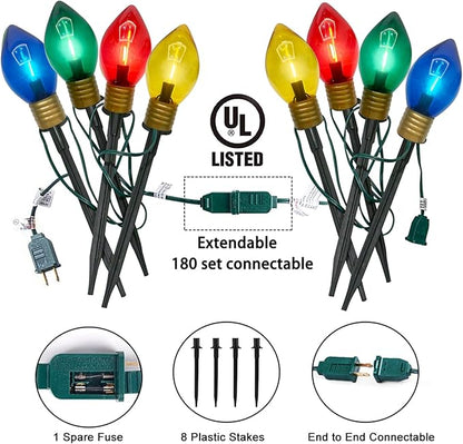 Jumbo C9 Christmas Pathway Lights Outdoor, 2 Pack 7Ft Christmas Decorations String Lights with 8 LED Jumbo Multicolor Bulb Marker Stakes Lights for Outdoor Walkway Lawn Yard Garden