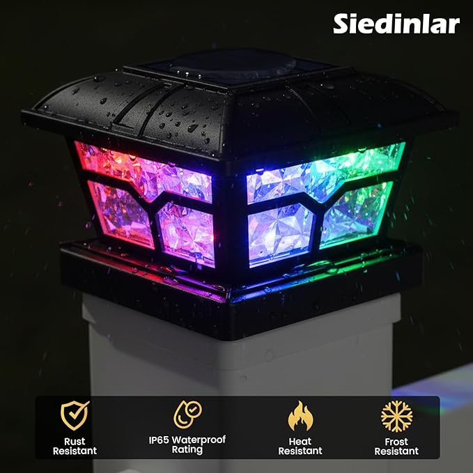 SIEDiNLAR Solar Post Cap Lights Outdoor 2 Color Modes for 4x4 5x5 6x6 Wooden Vinyl Posts Fence Deck Patio Decoration RGB Color Changing/Warm White Lighting Black (6 Pack)