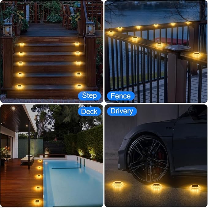 Solar Deck Lights Dock Step Lights-12 Packs Waterproof 1200mAh Auto ON/Off LED Solor Powered Stair Lighting for Outdoor Garden, Patio, Pathway, Walkway, Driveway (Warm White)