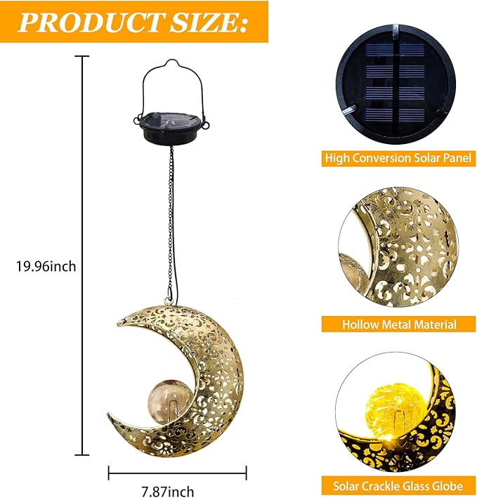 Solar Garden Hanging Moon Lights Outdoor Decor,2 Pack Metal Lanterns Art Decorations for Outside Yard Lawn Patio Wall Fences Driveway Trail,Unique Housewarming Gardening Gifts for Women Mom