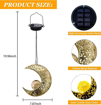 Solar Garden Hanging Moon Lights Outdoor Decor,2 Pack Metal Lanterns Art Decorations for Outside Yard Lawn Patio Wall Fences Driveway Trail,Unique Housewarming Gardening Gifts for Women Mom