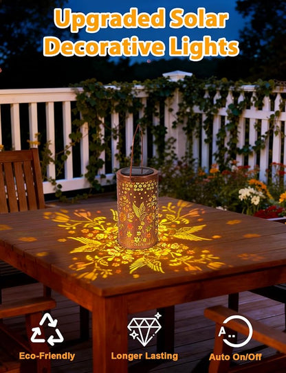 Hummingbird Solar Lanterns Outdoor Waterproof, Garden Decor Gifts for Mom Women Mother Grandma, Metal Lantern Garden Lights with Color Projection, Hanging Solar Lights for Yard Porch Patio