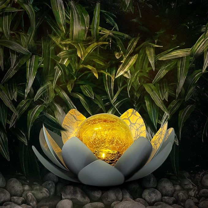 Huaxu Solar Lights Outdoor Garden Decor, Amber Crackle Globe Glass Lotus Decoration,Waterproof Gray Metal Flower Light for Patio,Lawn,Walkway,Tabletop,Ground