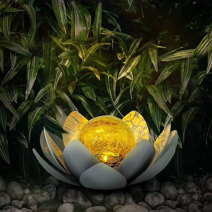Huaxu Solar Lights Outdoor Garden Decor, Amber Crackle Globe Glass Lotus Decoration,Waterproof Gray Metal Flower Light for Patio,Lawn,Walkway,Tabletop,Ground