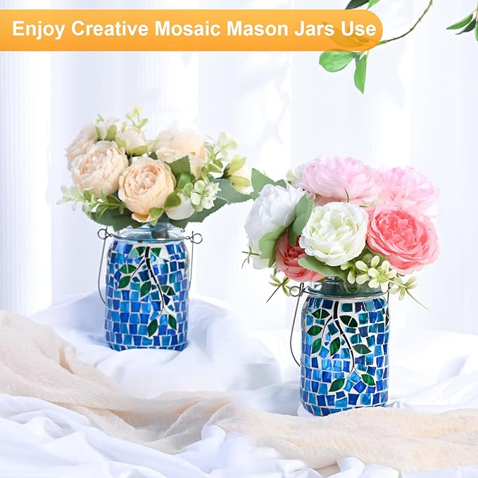 Uspring 2 Pack Mosaic Solar Lanterns Outdoor Waterproof Garden Decor Stained Glass Hanging Solar Jar Lights Gifts for Women Mom Grandma Handmade Outdoor Lantern Lamp for Patio Porch Yard Table