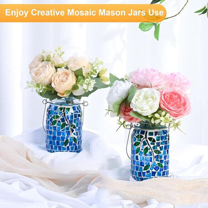 Uspring 2 Pack Mosaic Solar Lanterns Outdoor Waterproof Garden Decor Stained Glass Hanging Solar Jar Lights Gifts for Women Mom Grandma Handmade Outdoor Lantern Lamp for Patio Porch Yard Table