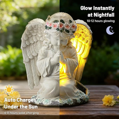 Solar Angel Garden Statue, Outdoor Decoration Lawn Ornaments for Yard, Praying Angle Figurine with LED Lights for Cemetery, Garden Gifts for Women Mom Grandma
