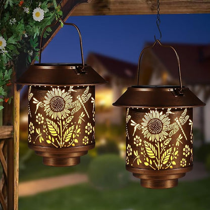 Solar Lantern Outdoor Hanging Sunflower Lights Gifts for Women Mom Metal Garden Decor Outside Waterproof LED Lanterns for Patio(Dragonfly + Sunflower-2pack)