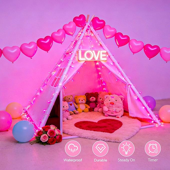 Pink String Lights Batterry Operated Outdoor Waterproof 16.4ft 50 LED, Pink Fairy Lights with Timer White Wire for Indoor & Outdoor Valentine's Day Decorations Garland Party Garden Girls Room